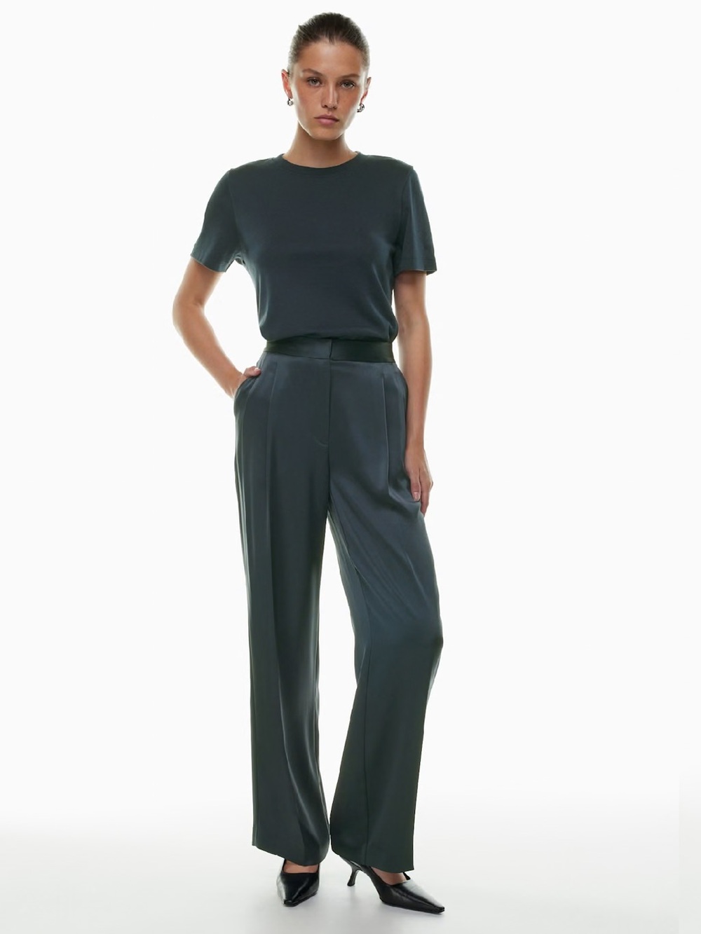 Babaton Satin High-Waisted Wide-Leg Pants - Dark night navy